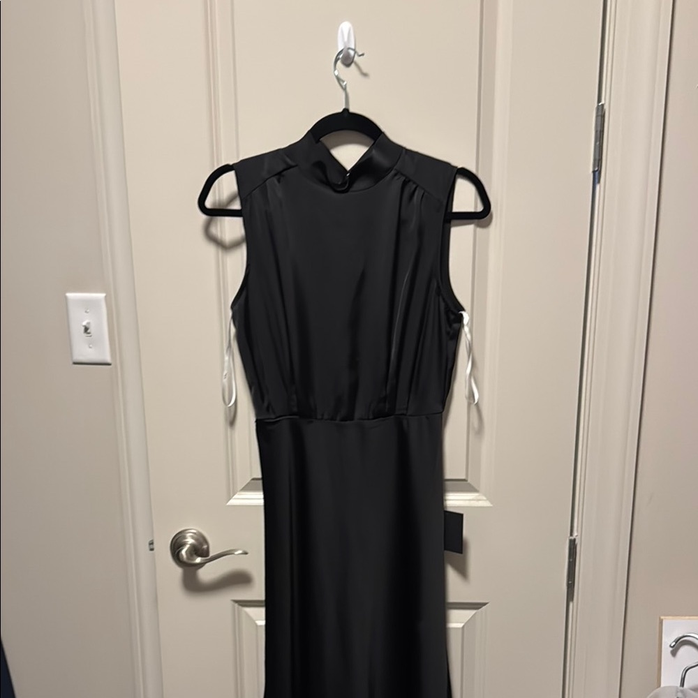 NWT Lulus Classic Elegance Black Satin Sleeveless Mock Neck Maxi Dress